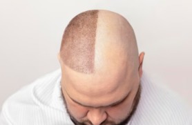 Hair tattoo density building procedure creating a fuller scalp appearance with scalp micropigmentation.