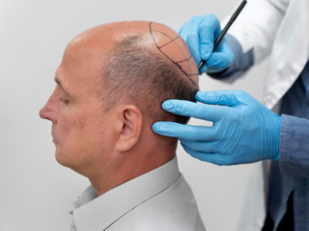 Scalp micropigmentation procedure showing a specialist designing a hairline on a bald scalp for natural-looking hair restoration.