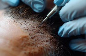Scalp micropigmentation specialist applying micro pigments to the scalp for natural hair follicle appearance.