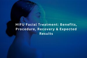 Woman receiving HIFU facial treatment for skin tightening and non-surgical facial rejuvenation.